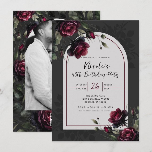 Bordeaux Red Roses Shadowy Gray Floral Birthday  Invitation (Front/Back)