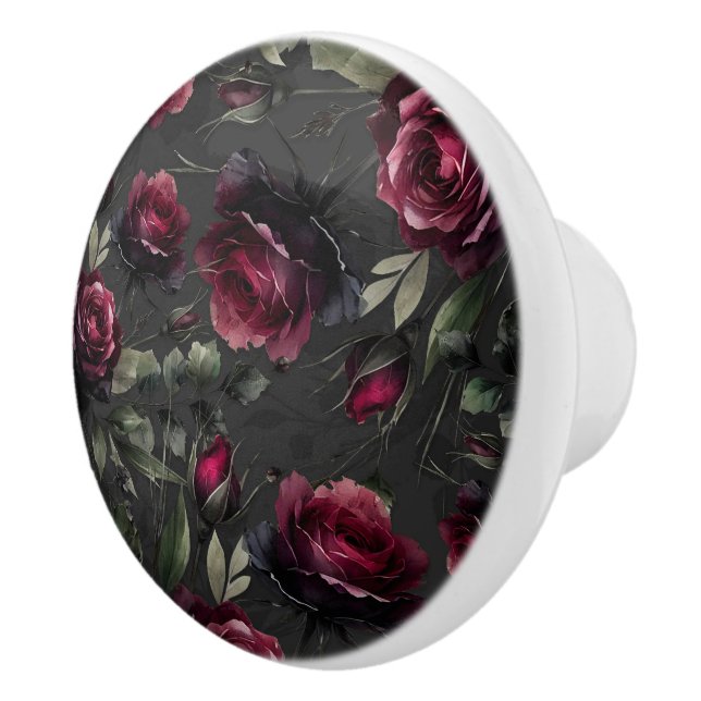 Bordeaux Red Roses Shadowy Gray Floral  Ceramic Knob (Right)