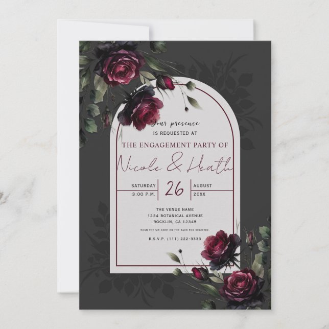 Bordeaux Red Roses Shadowy Gray Floral Engagement  Invitation (Front)