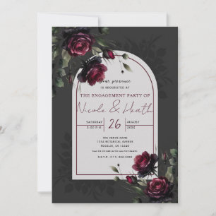 Bordeaux Red Roses Shadowy Gray Floral Engagement  Invitation