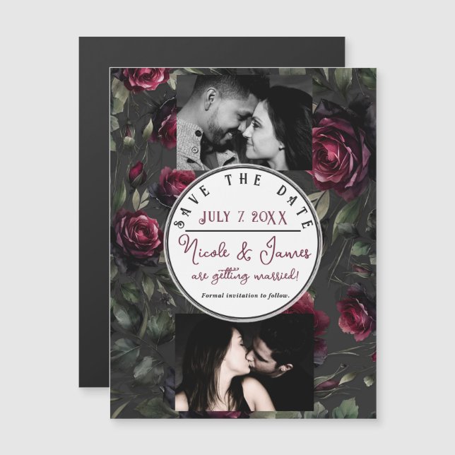Bordeaux Red Roses Shadowy Gray Floral Save Date (Front/Back)