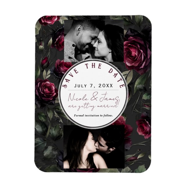 Bordeaux Red Roses Shadowy Gray Floral Save Date Magnet (Vertical)