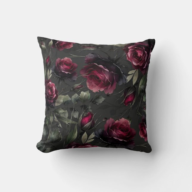 Bordeaux Red Roses Shadowy Gray Floral  Throw Pillow (Front)