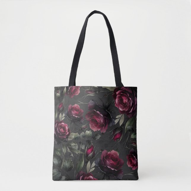 Bordeaux Red Roses Shadowy Gray Floral  Tote Bag (Front)