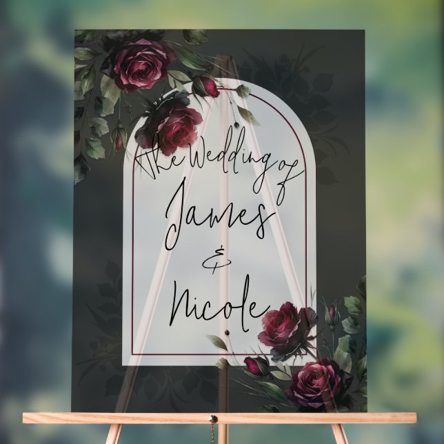 Bordeaux Red Roses Shadowy Gray Floral Wedding Acrylic Sign (Neutral)