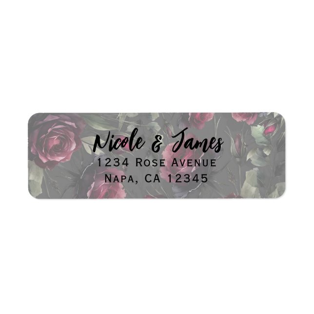Bordeaux Red Roses Shadowy Gray Floral Wedding Label (Front)