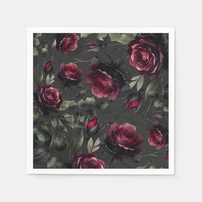 Bordeaux Red Roses Shadowy Gray Floral Wedding Napkins (Front)