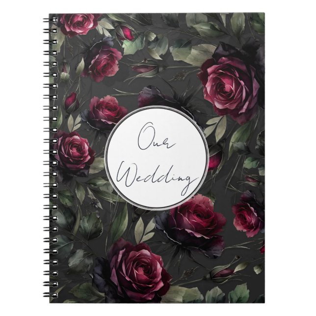 Bordeaux Red Roses Shadowy Gray Floral Wedding Notebook (Front)