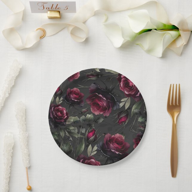 Bordeaux Red Roses Shadowy Gray Floral Wedding Paper Plates (Wedding)