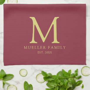 Bordeaux Solid Color Gold Family Name Monogram Kitchen Towel