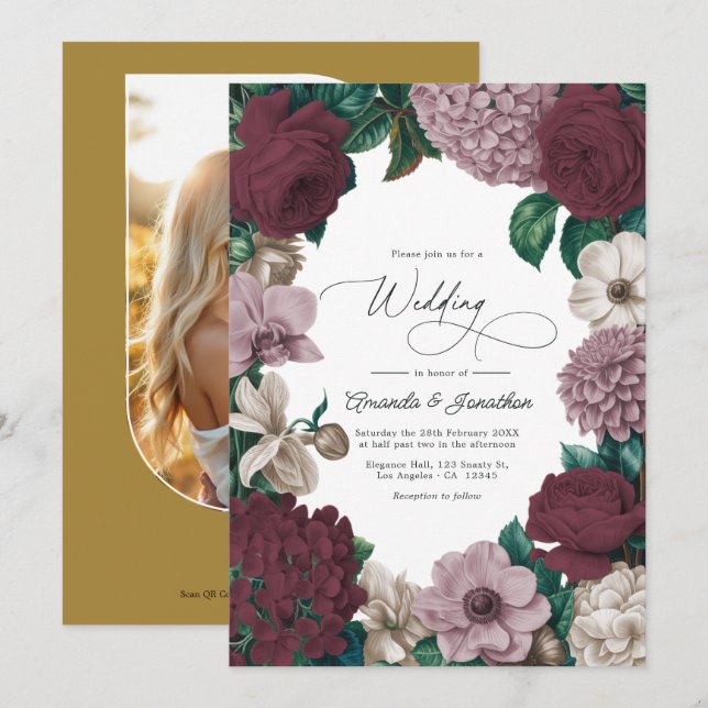 Bordeaux Wine, Mauve Smoke & Tulle Beige Wedding Invitation (Front/Back)