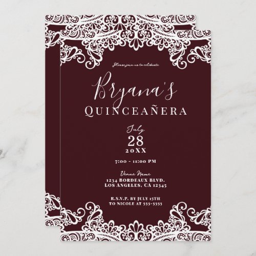 Bordeaux Wine  White Lace Elegant Quinceaera Invitation