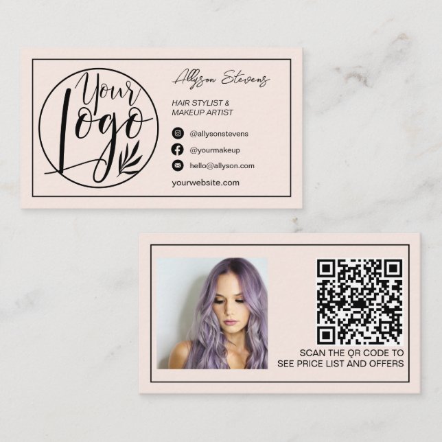 Border black blush hair makeup photo logo qr code business card (Front/Back)