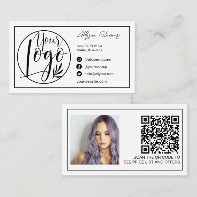Border black white hair makeup photo logo qr code business card (Front/Back)