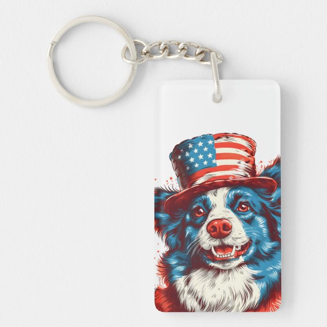 Border colie with an American flag hat Keychain (Front)