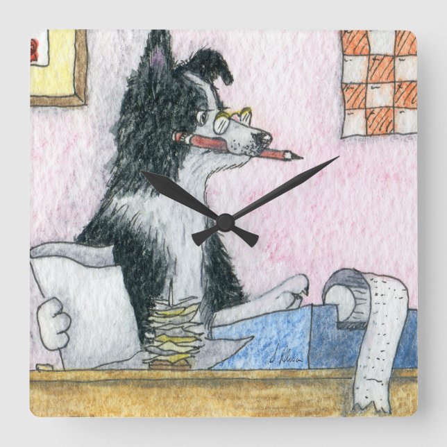 Border Collie Accountant Square Wall Clock (Front)