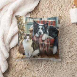 Border Collie and Cat Christmas Throw Pillow