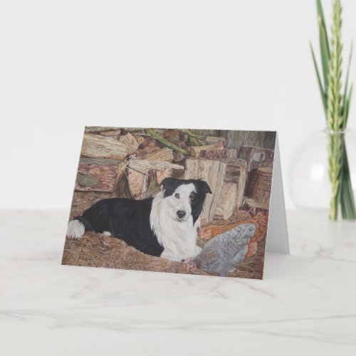 border collie and chickens in log shed realist art card