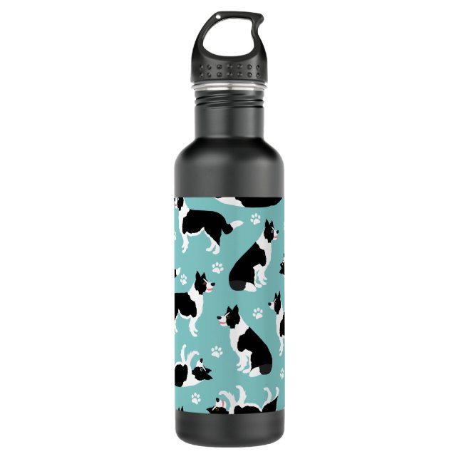 Border Collie and Paw Print Stainless Steel Water Bottle (Front)