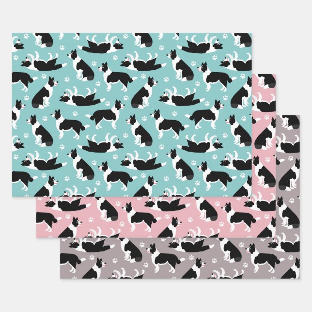 Border Collie and Paw Print Wrapping Paper Sheets (Set)