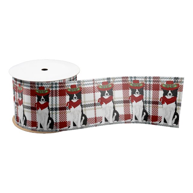 Border Collie and Western Plaid Dog Christmas Satin Ribbon (Spool)