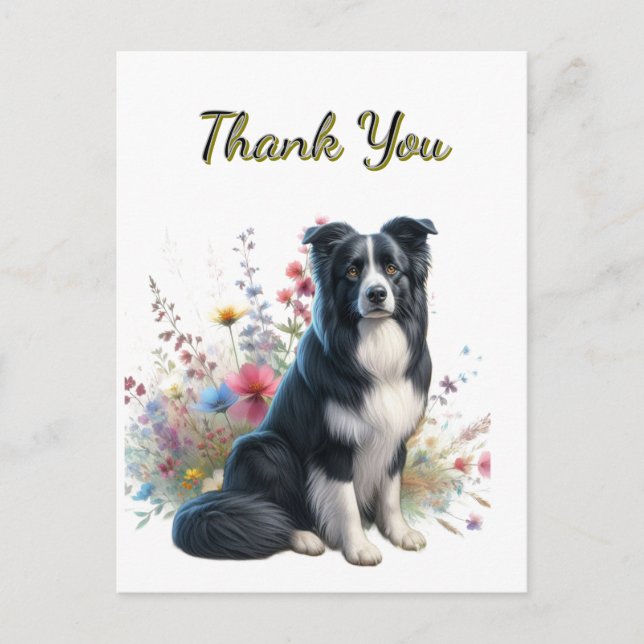 Border Collie and Wildflowers Thank You Postcard (Front)