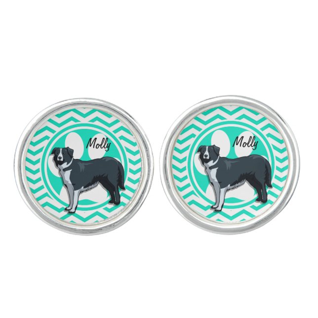 Border Collie; Aqua Green Chevron Cufflinks (Front)