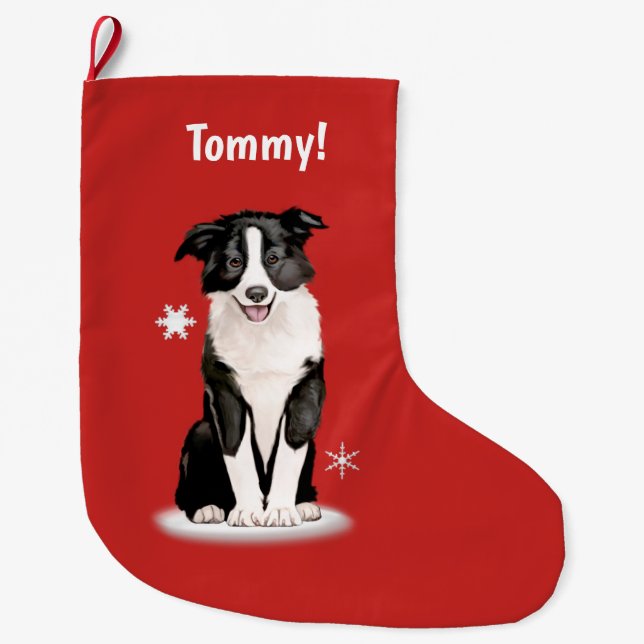 Border Collie at Christmas Name Customizable Large Christmas Stocking (Front)