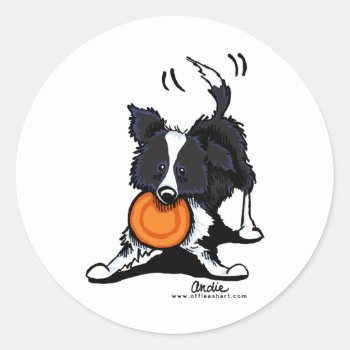 Border Collie At Play Classic Round Sticker by offleashart at Zazzle