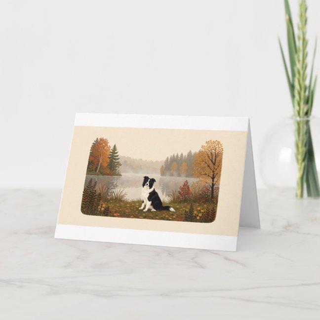 Border Collie Autumn Fog Lake Greeting Card