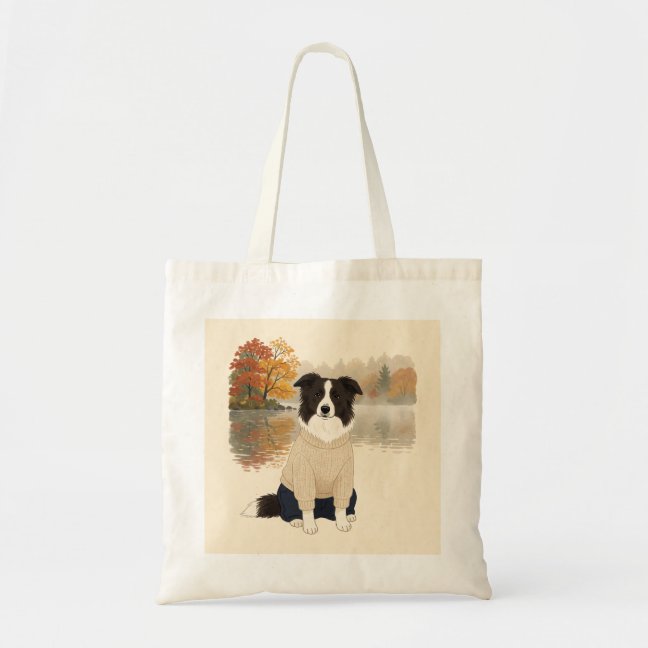 Border Collie Autumn Fog Lake Tote Bag