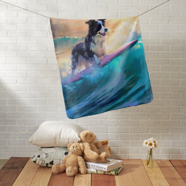 Border Collie Beach Surfing Painting Baby Blanket (In Situ)