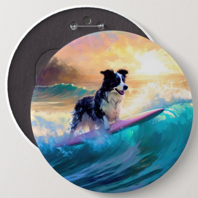 Border Collie Beach Surfing Painting Button (Front & Back)