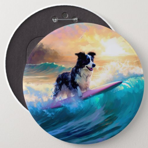 Border Collie Beach Surfing Painting Button