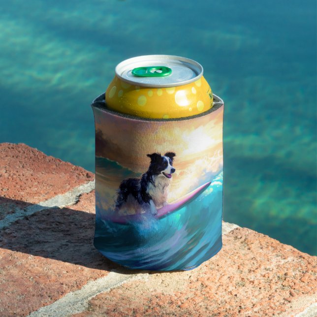 Border Collie Beach Surfing Painting Can Cooler (In Situ Pool)