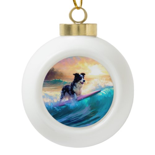 Border Collie Beach Surfing Painting Ceramic Ball Christmas Ornament