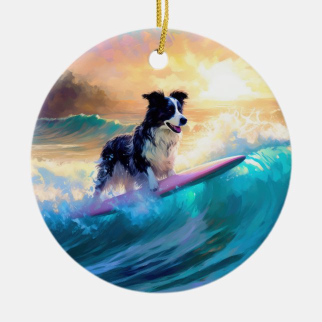 Border Collie Beach Surfing Painting Ceramic Ornament (Front)