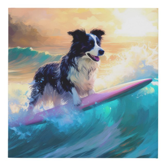 Border Collie Beach Surfing Painting Faux Canvas Print (Front)