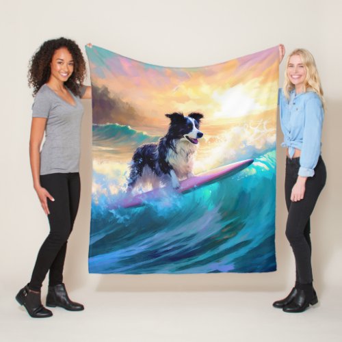 Border Collie Beach Surfing Painting Fleece Blanket