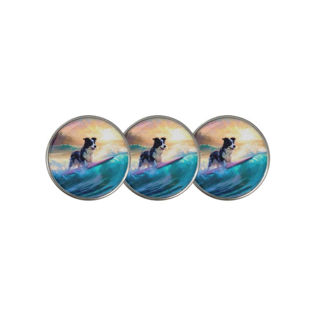 Border Collie Beach Surfing Painting Golf Ball Marker (3 Up)