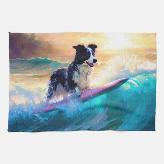 Border Collie Beach Surfing Painting Kitchen Towel (Horizontal)