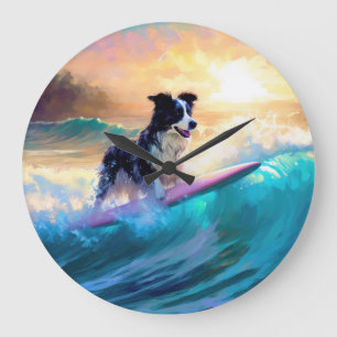 Border Collie Beach Surfing Painting Large Clock