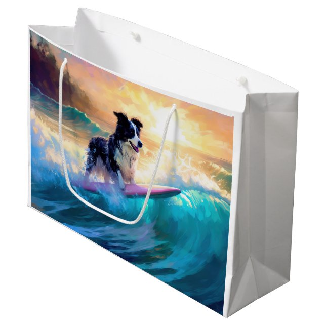 Border Collie Beach Surfing Painting Large Gift Bag (Front Angled)