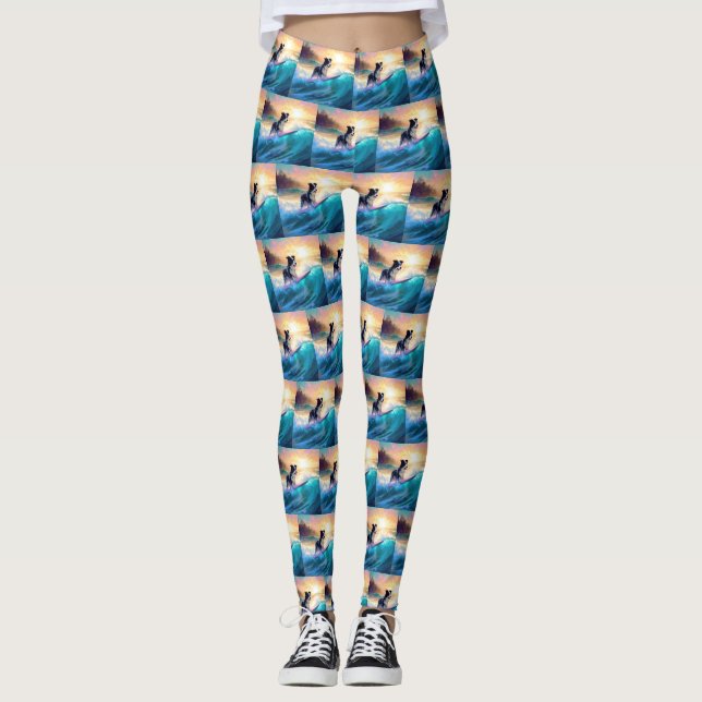 Border Collie Beach Surfing Painting Leggings (Front)