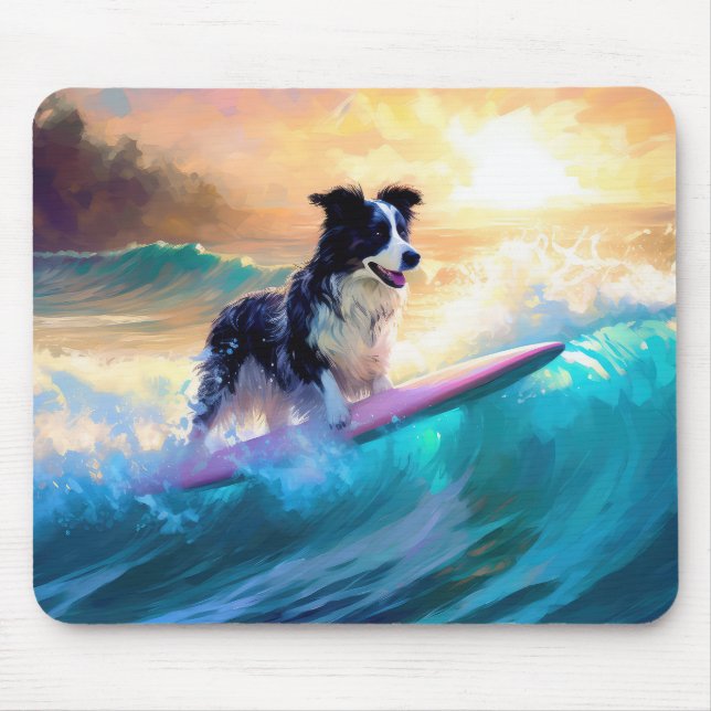 Border Collie Beach Surfing Painting Mouse Pad (Front)