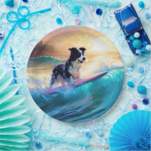 Border Collie Beach Surfing Painting Paper Plates