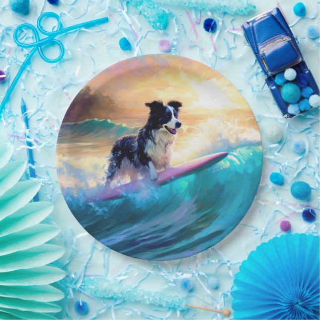 Border Collie Beach Surfing Painting Paper Plates (Party)