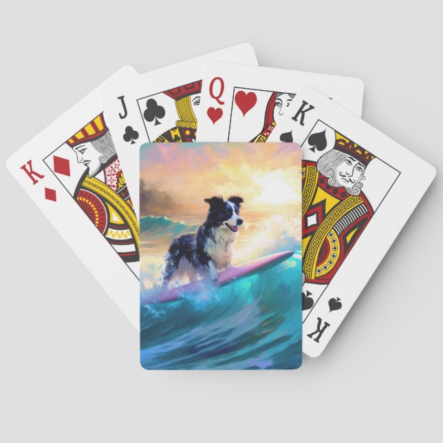 Border Collie Beach Surfing Painting Poker Cards (Back)