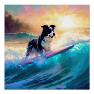 Border Collie Beach Surfing Painting Poster