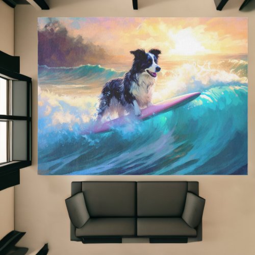 Border Collie Beach Surfing Painting Rug